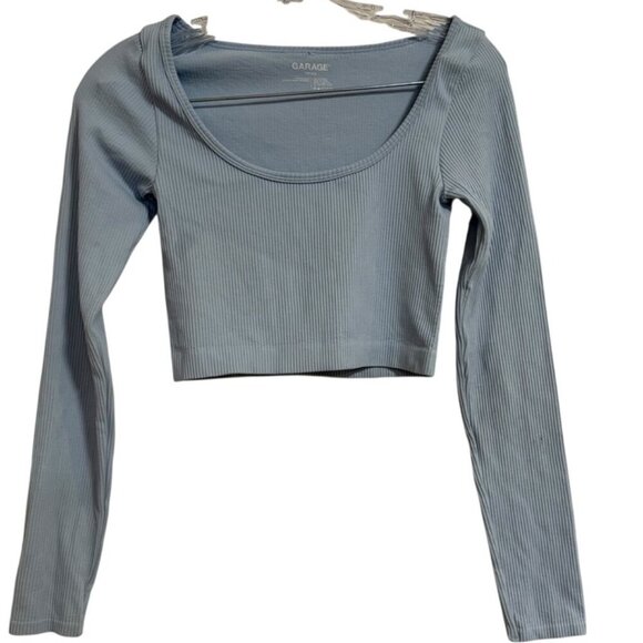 Garage Long Sleeve Baby Blue Cropped Top SZ XS Workout Stretchy Ribbed - Picture 1 of 4